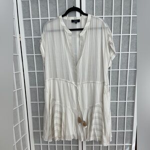 Aakaa white striped mini dress with flounce skirt. Sz L. Cinched waist. SFH.